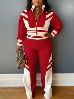 Zip Up Top Color Block Pants Set