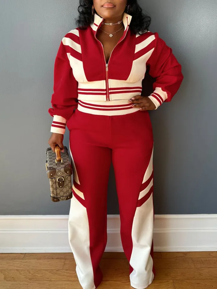 Zip Up Top Color Block Pants Set