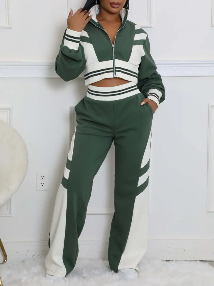 Zip Up Top Color Block Pants Set