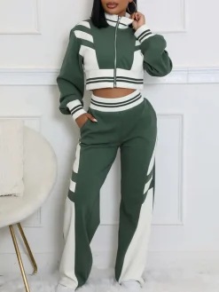 Zip Up Top Color Block Pants Set