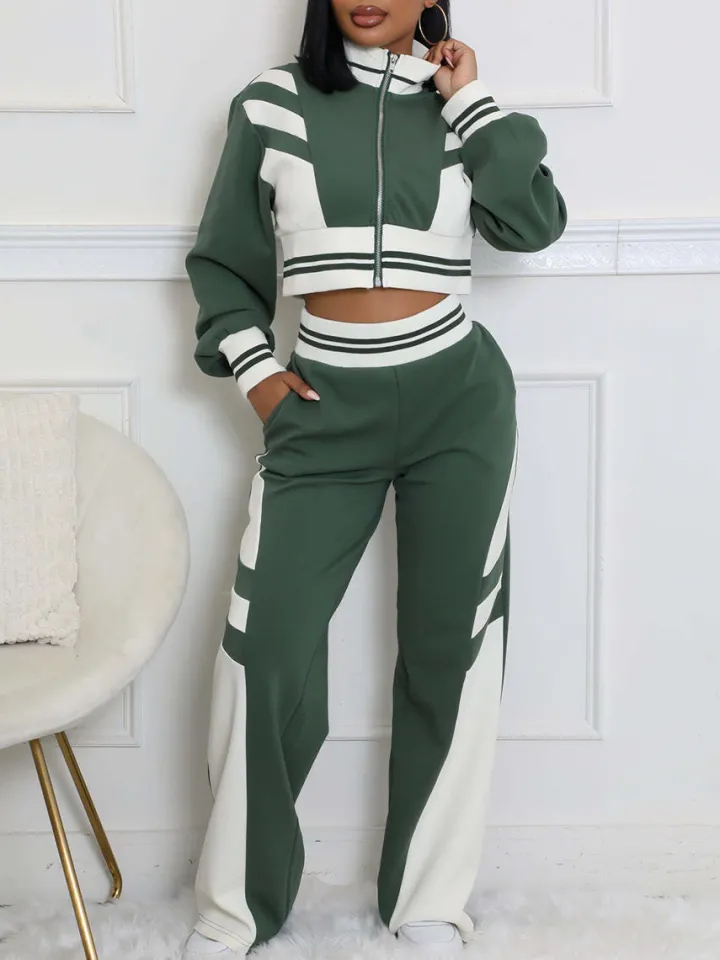 Zip Up Top Color Block Pants Set