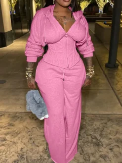 Zip-Up Hoodie Corset Waist Pants Set