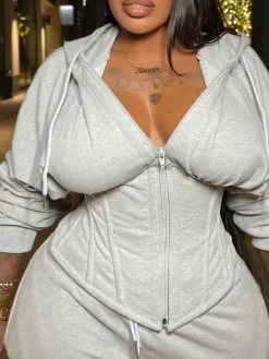 Zip-Up Hoodie Corset Waist Pants Set