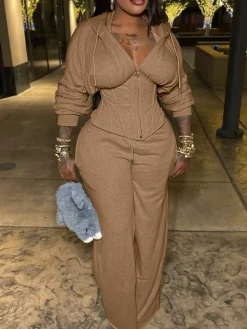 Zip-Up Hoodie Corset Waist Pants Set