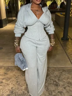 Zip-Up Hoodie Corset Waist Pants Set